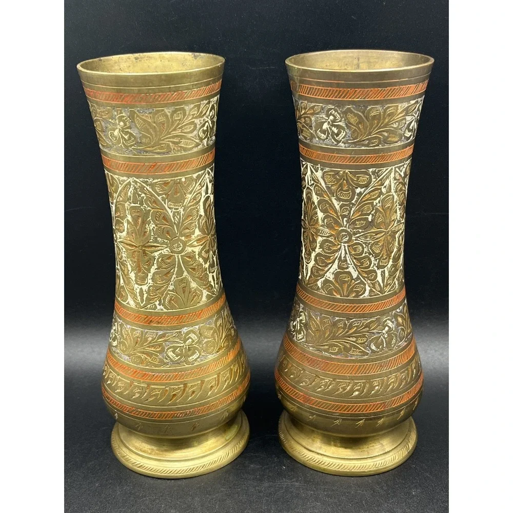 Set of 2 Solid Brass‎ Vase Etched Design 7
